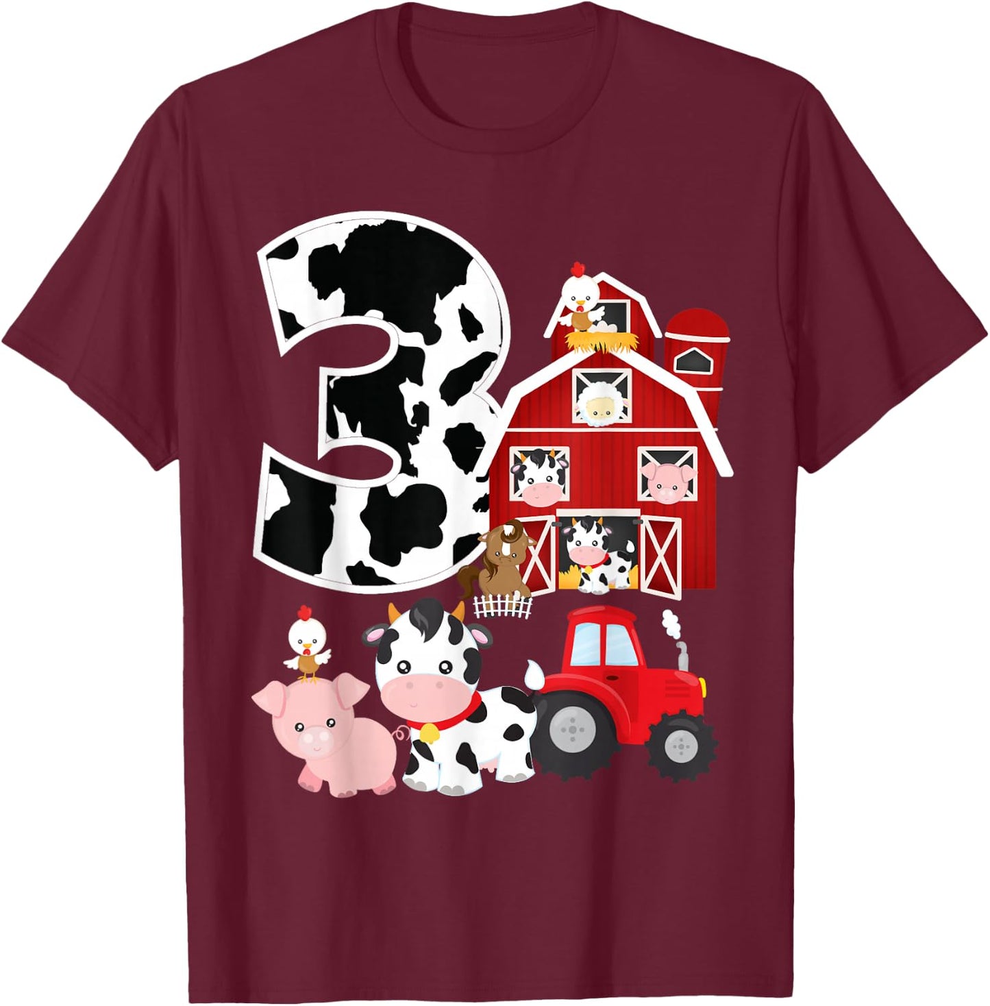 Farm Barnyard Theme Pig Cow Horse 3rd Birthday 3 Yrs Old T-Shirt - T-Shirt | Maroon