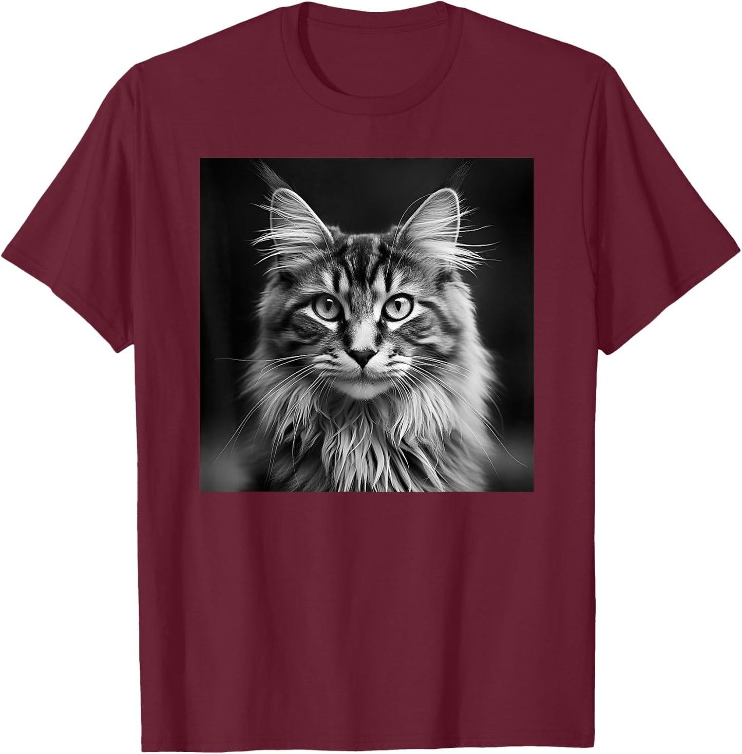 Maine Coon Cat Cinematic Black And White Photography T-Shirt - T-Shirt | Maroon