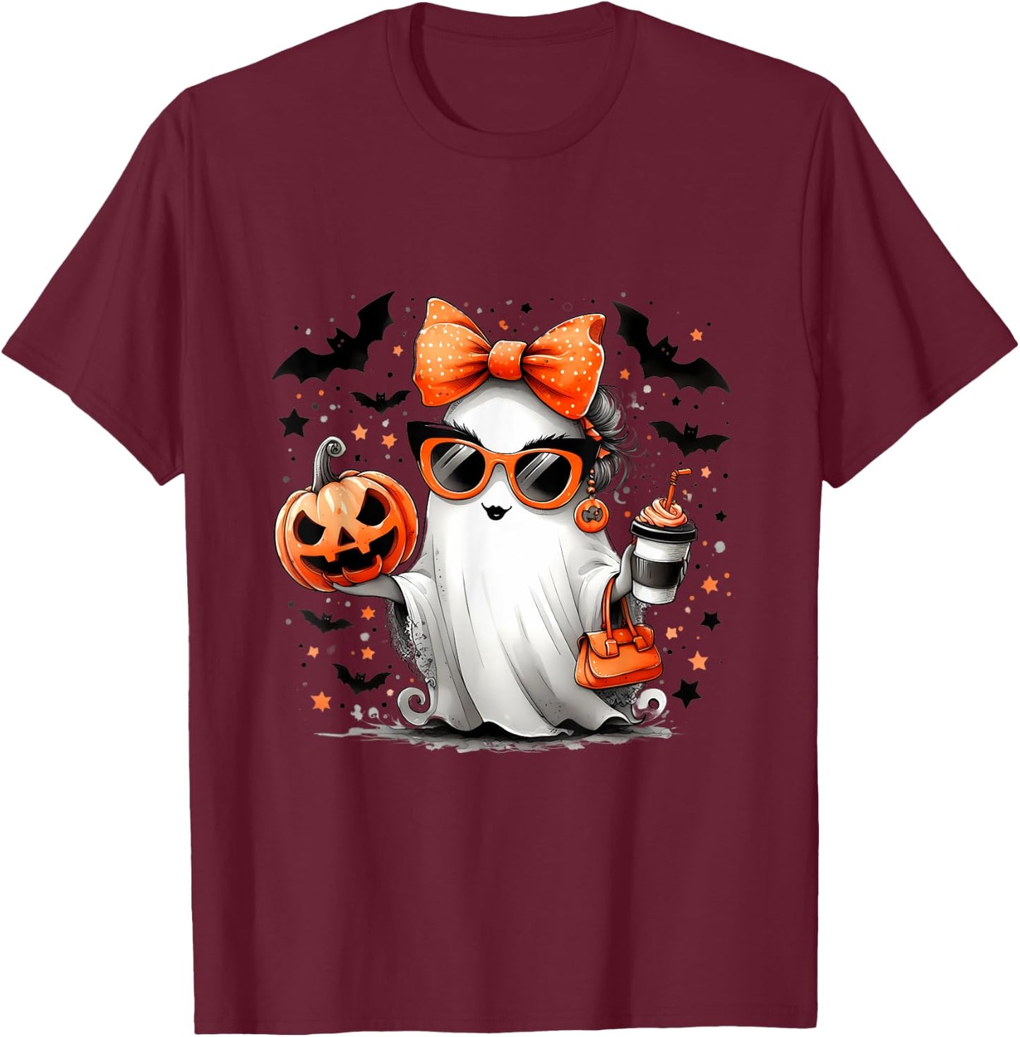 Cute Ghost Halloween Diva Cartoon Sunglasses Handbag T-Shirt - T-Shirt | Maroon