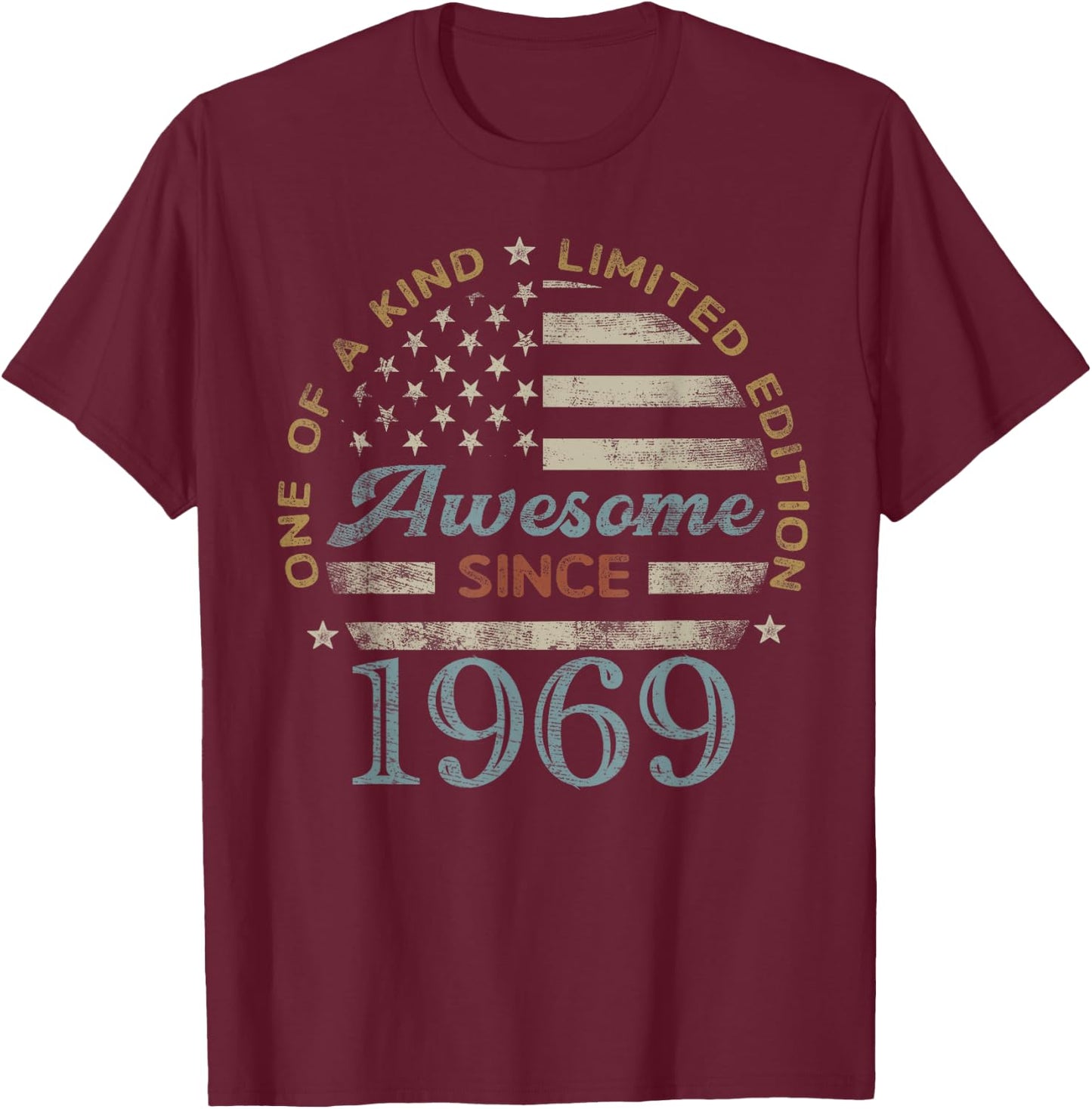 Awesome Since 1969 One of a Kind US Flag T-Shirt - T-Shirt | Maroon