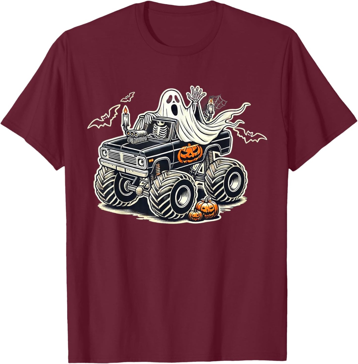 Big Little Boys Halloween Shirt Ghost Skeleton Kids Spooky T-Shirt - T-Shirt | Maroon