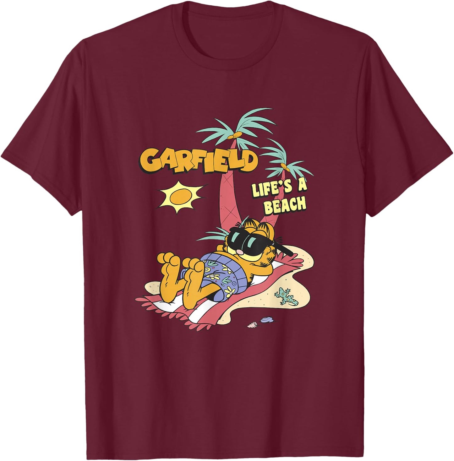 Garfield Life's A Beach Retro Vintage Tropical Cat Nap T-Shirt - T-Shirt | Maroon