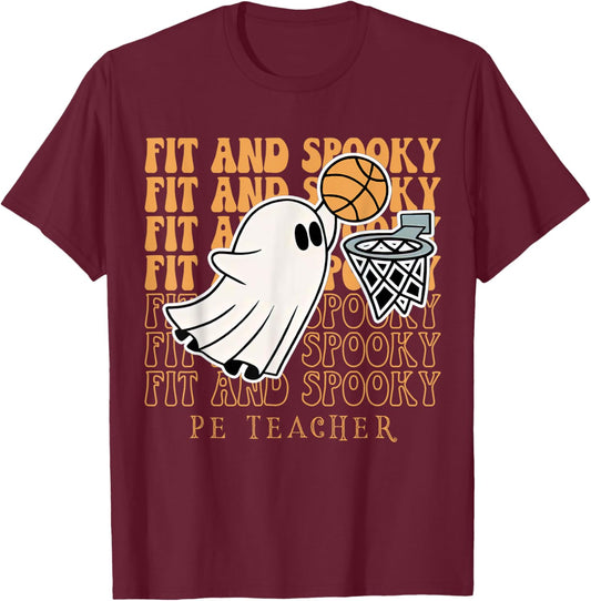 Fit & Spooky PE Teacher Fall Halloween PE Teacher Basketball Men Women T-Shirt - T-Shirt | Maroon