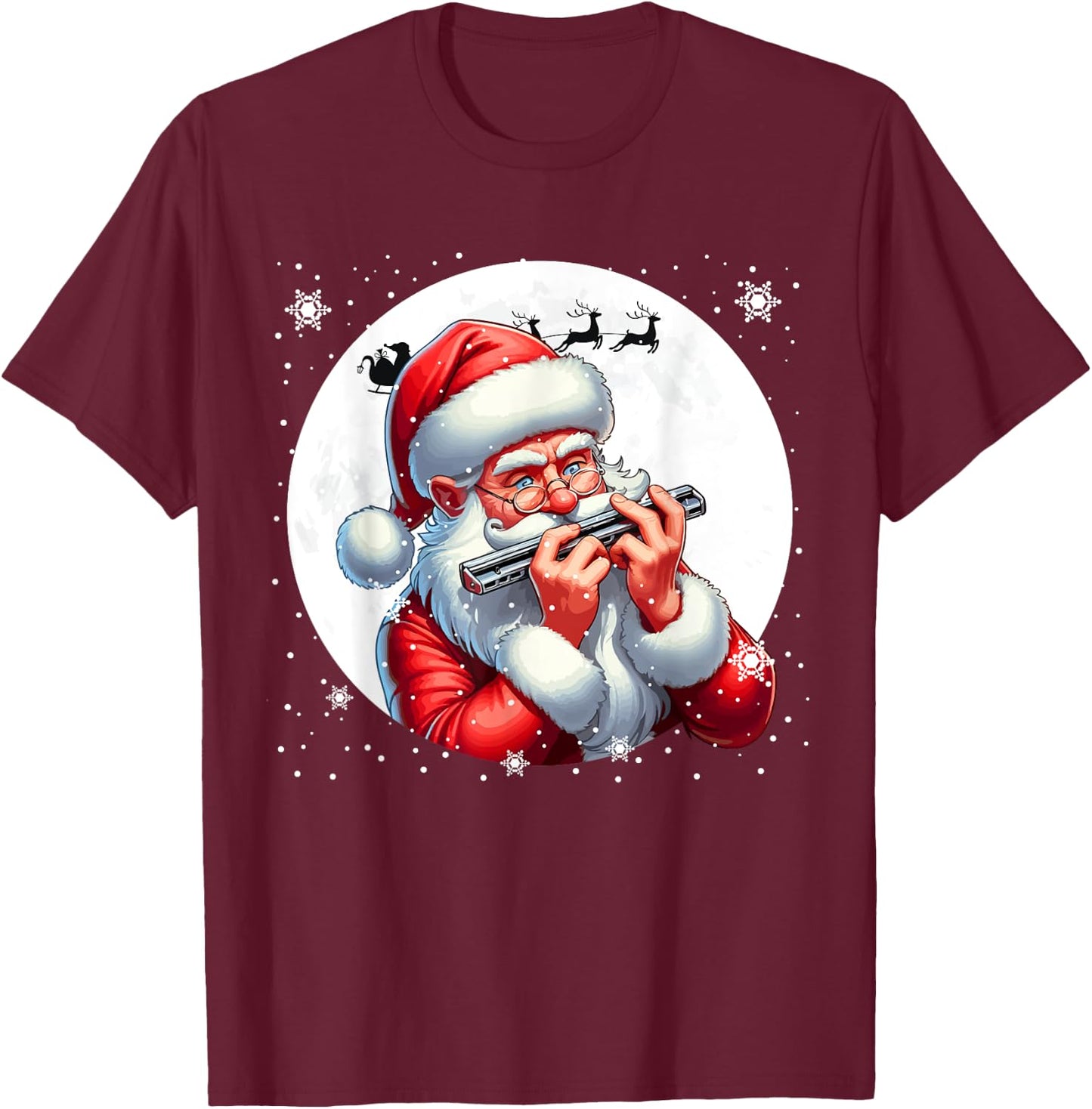 Santa Playing Harmonica Xmas Moon Costume Instrument Music T-Shirt - T-Shirt | Maroon