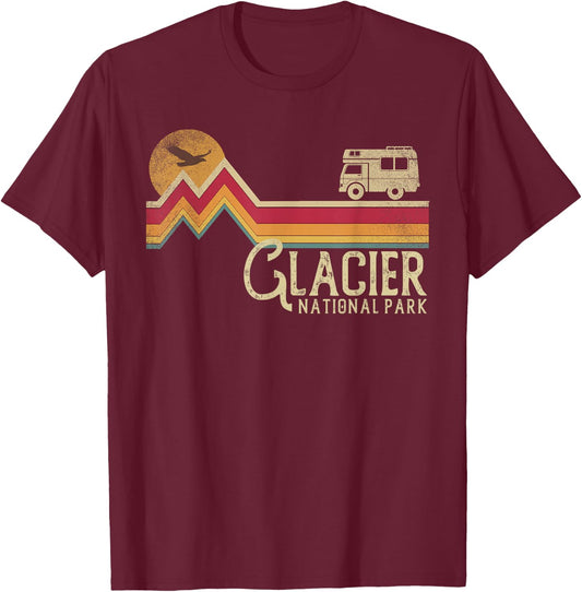Glacier National Park Retro Style Mountain Vintage - Montana T-Shirt - T-Shirt | Maroon