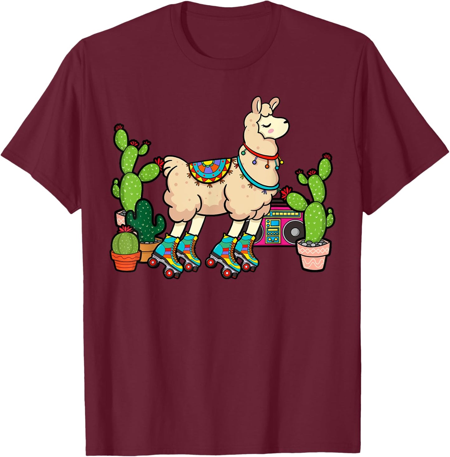 Llama Roller Skates Boombox Ghetto Blaster Vintage 70s T-Shirt - T-Shirt | Maroon