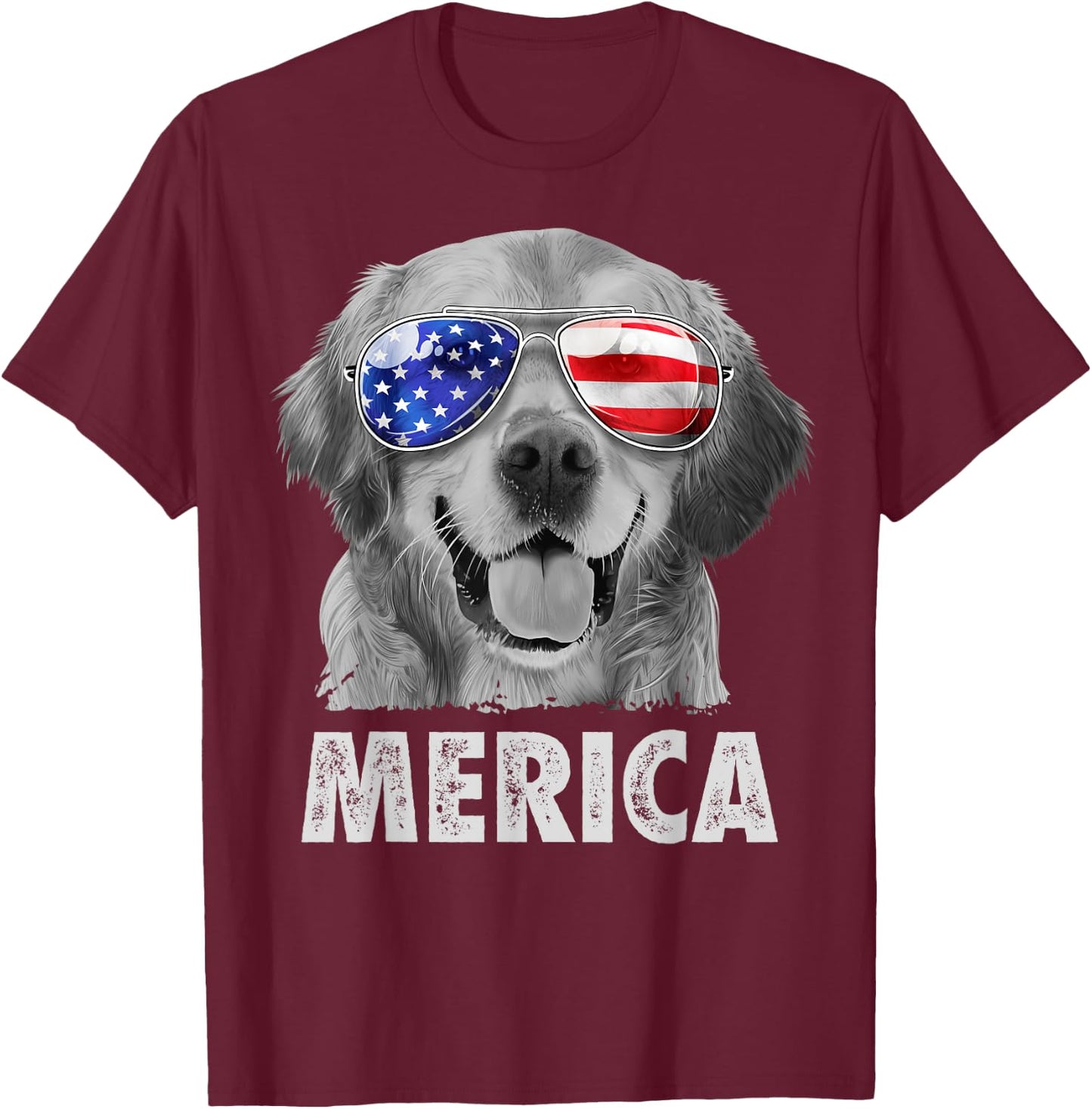 Golden Retriever 4th of July Merica American Flag Sunglasses T-Shirt - T-Shirt | Maroon