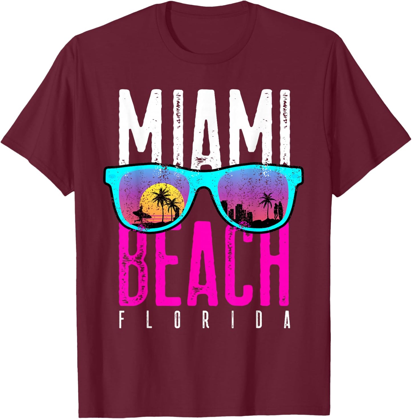 Miami Beach Shirt Florida Sunset Retro Souvenir Surf Miami Women Girls Kids T-Shirt - T-Shirt | Maroon