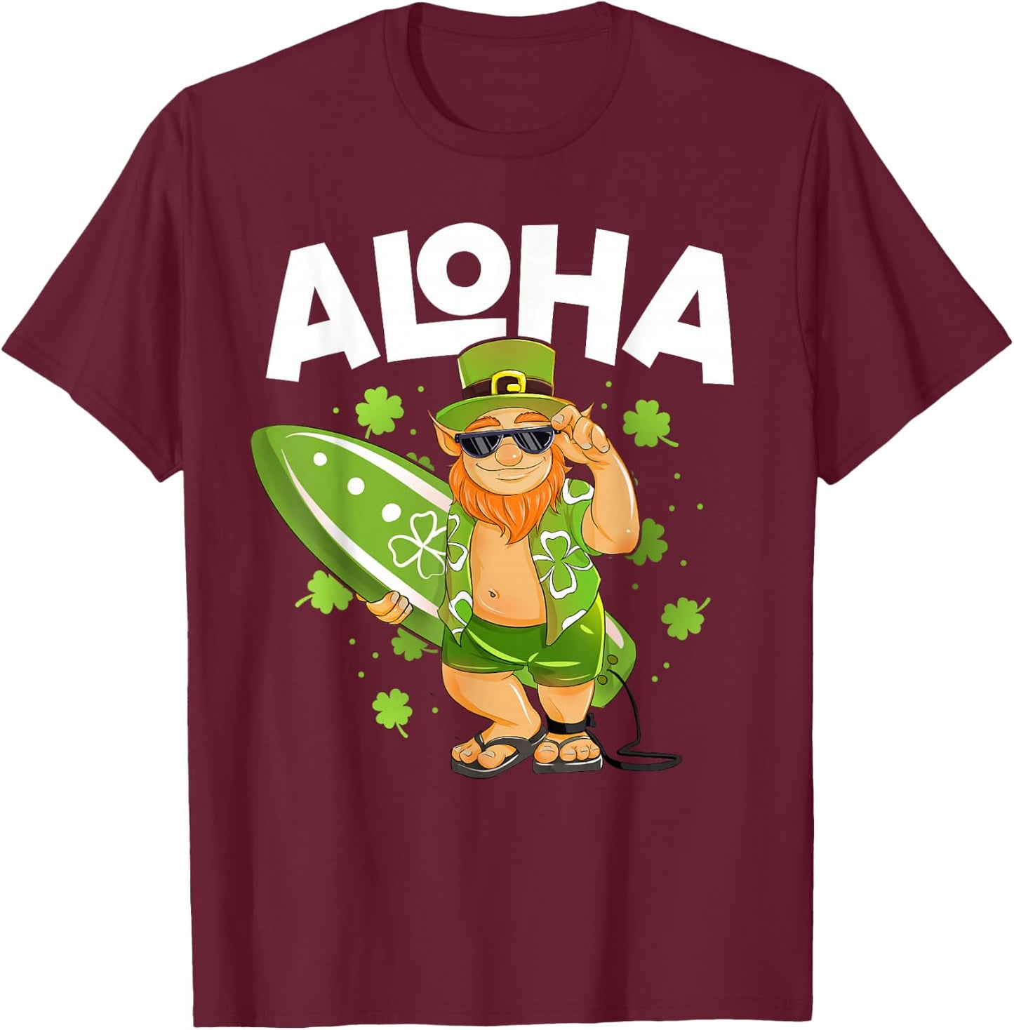 Aloha Hawaii Surfing Leprechaun St Patrick's Day Hawaiian T-Shirt - T-Shirt | Maroon