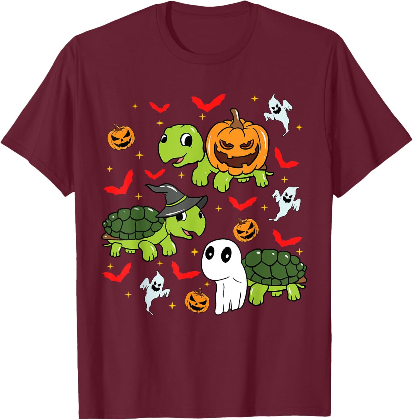 Halloween Turtle Pumpkin Tortoise Bats and Ghosts T-Shirt - T-Shirt | Maroon