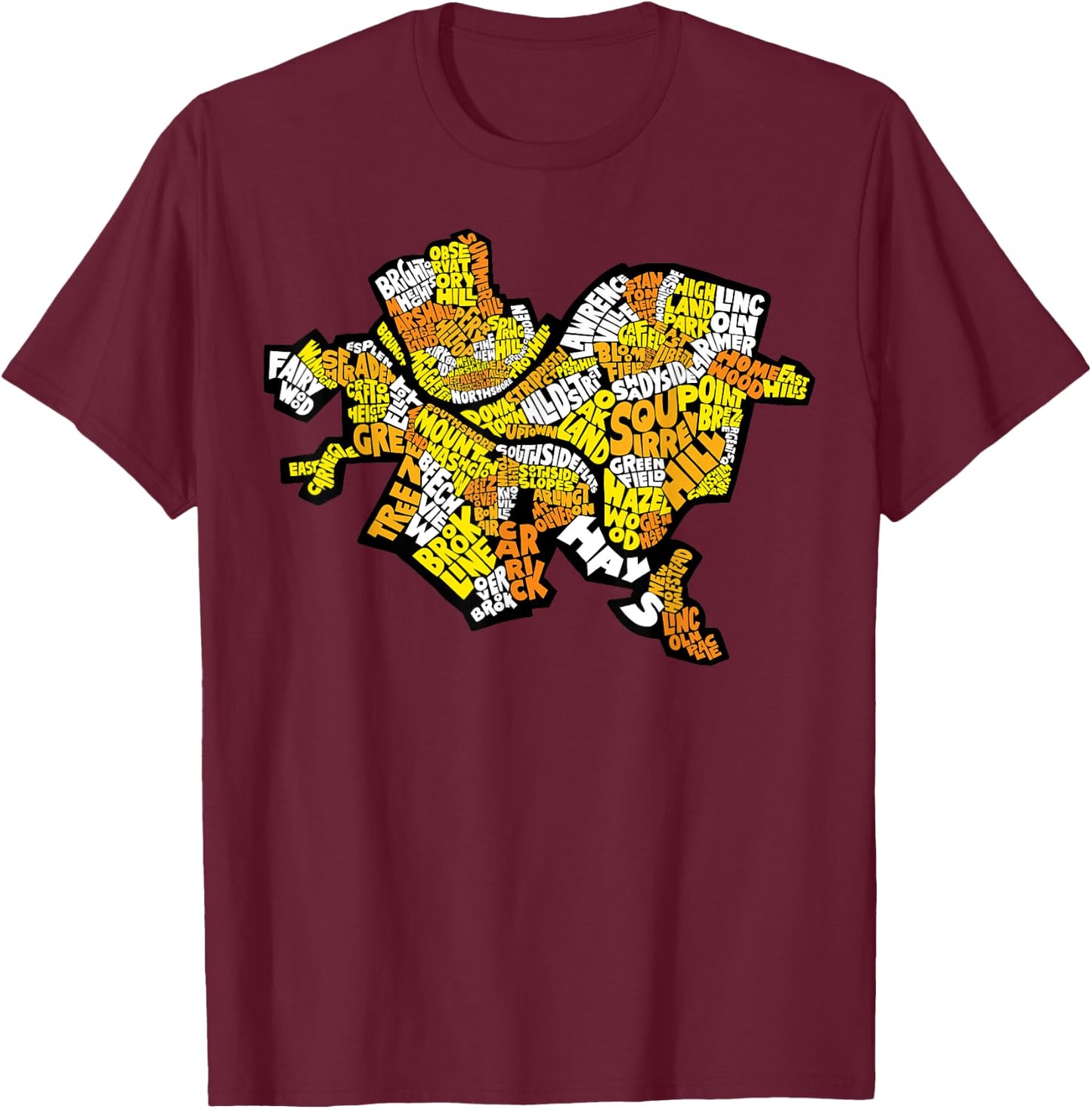 Pittsburgh Neighborhood Names Map Black and Yellow T-Shirt - T-Shirt | Maroon