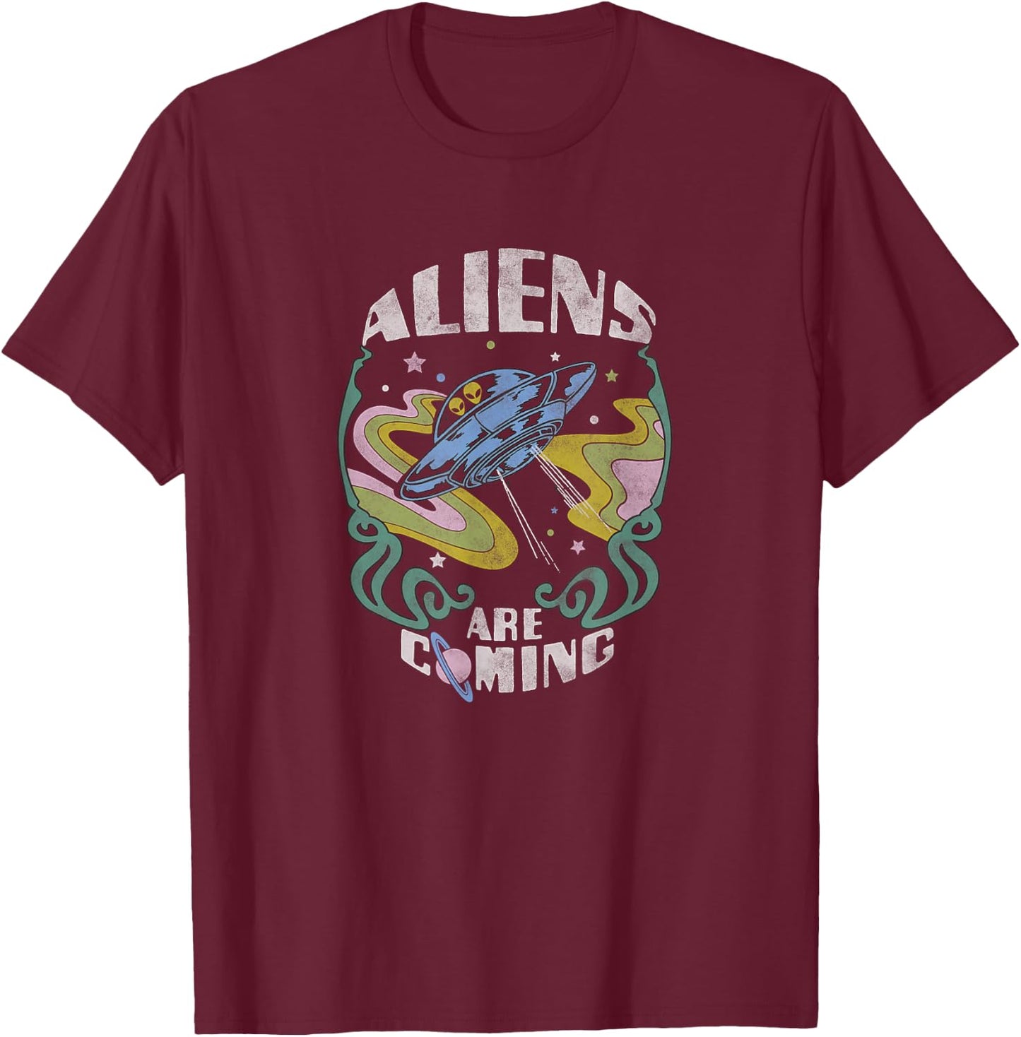 Aliens Are Coming Psychedelic Spaceship T-Shirt - T-Shirt | Maroon