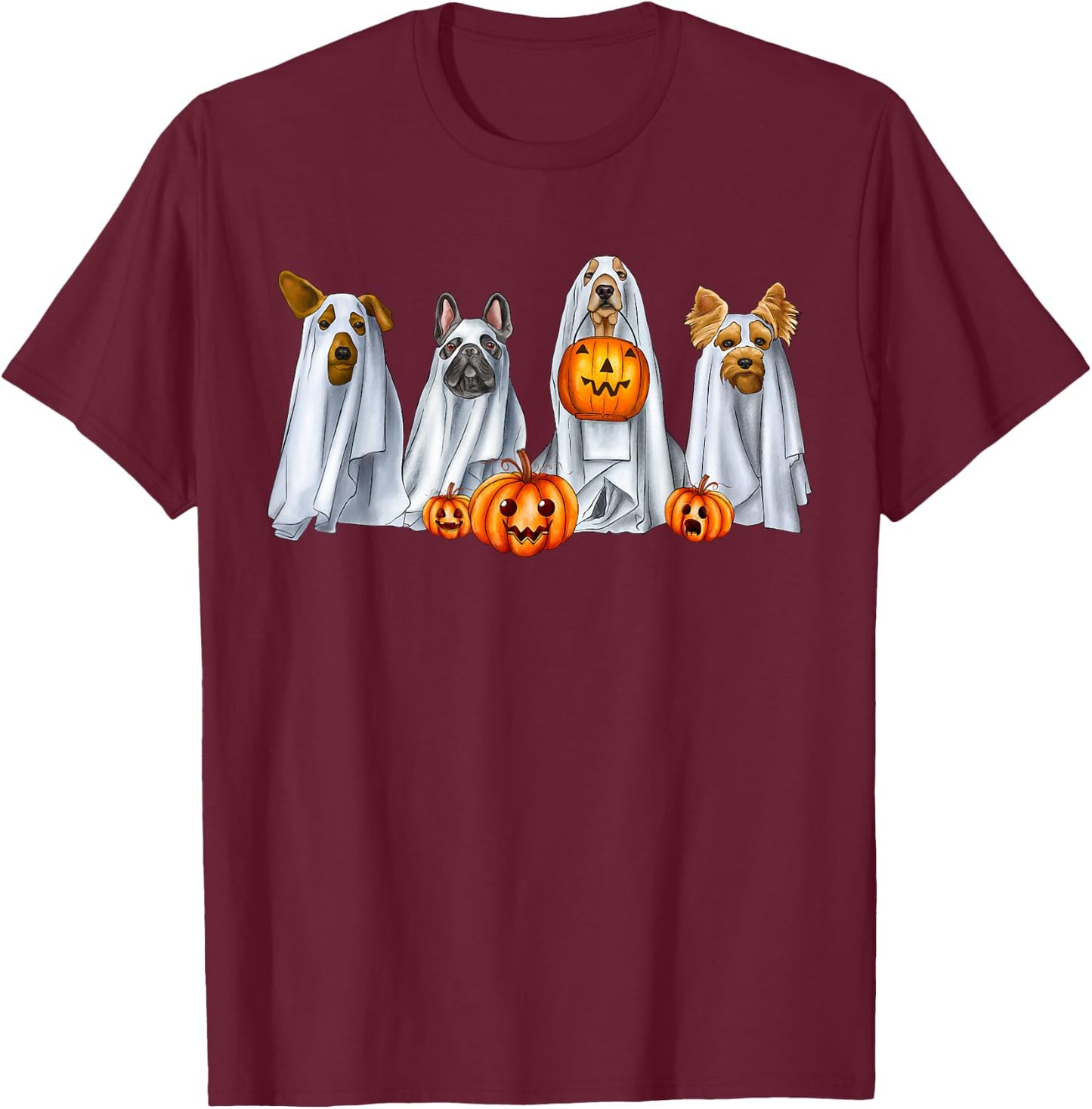 Dog Dressed As Ghost Spooky Season Ghost Dogs Halloween T-Shirt - T-Shirt | Maroon