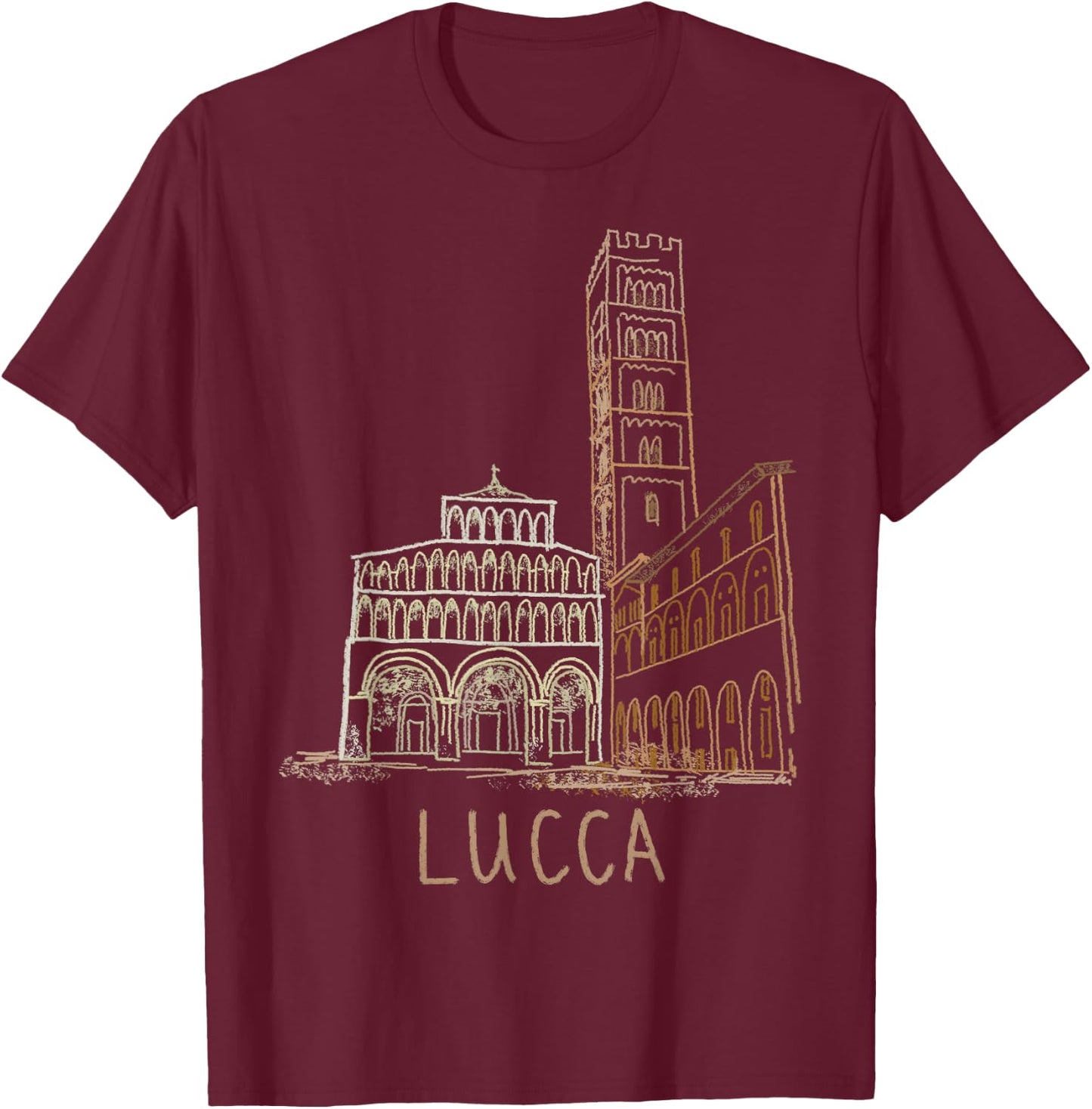 Lucca Italy Unique Hand Drawn Art Gift Men Women T-Shirt - T-Shirt | Maroon
