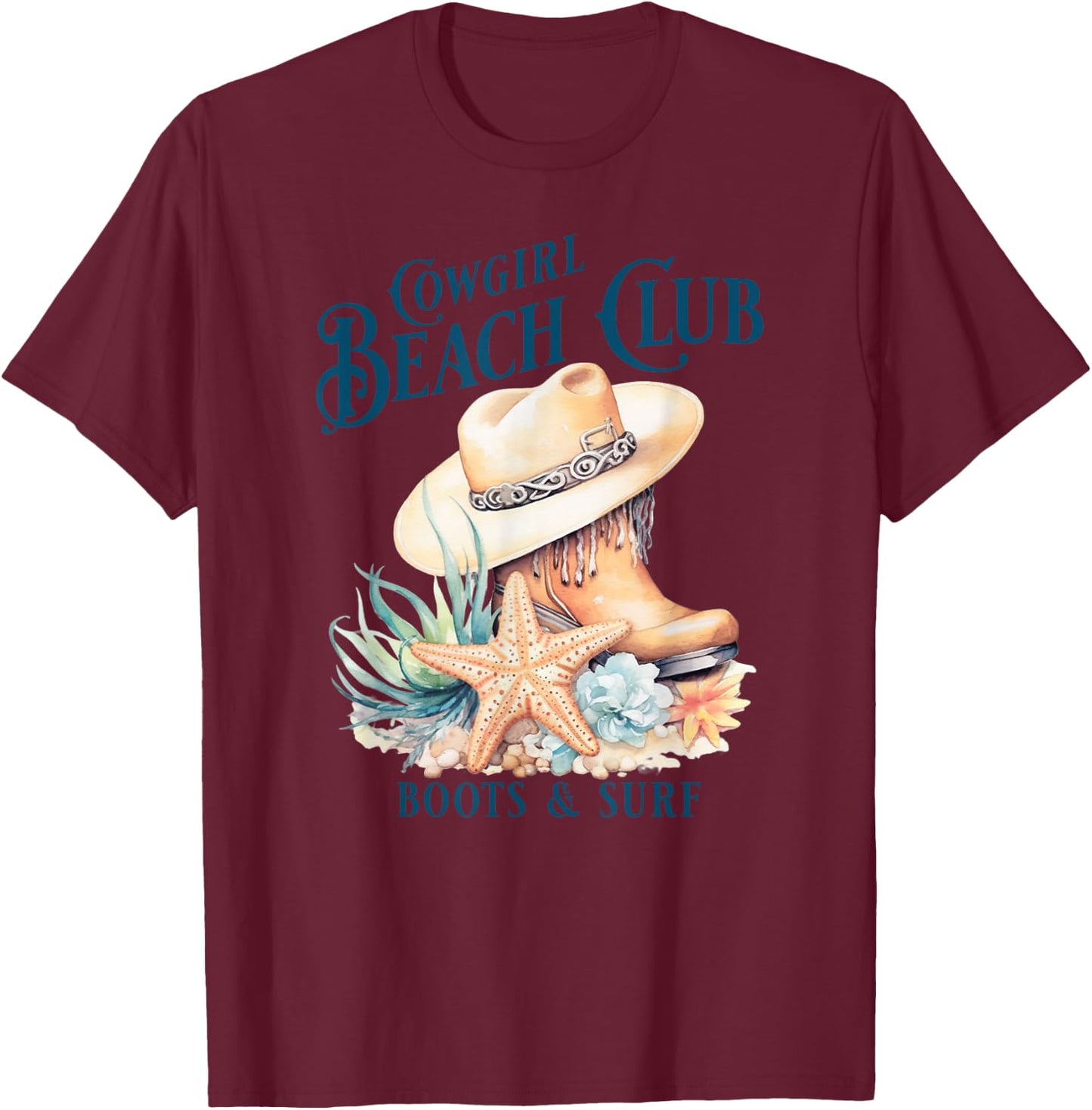 Cowgirl Surf Club, Coastal Boots On The Beach, Beach Cowgirl T-Shirt - T-Shirt | Maroon