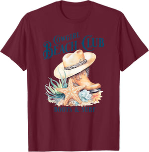 Cowgirl Surf Club, Coastal Boots On The Beach, Beach Cowgirl T-Shirt - T-Shirt | Maroon