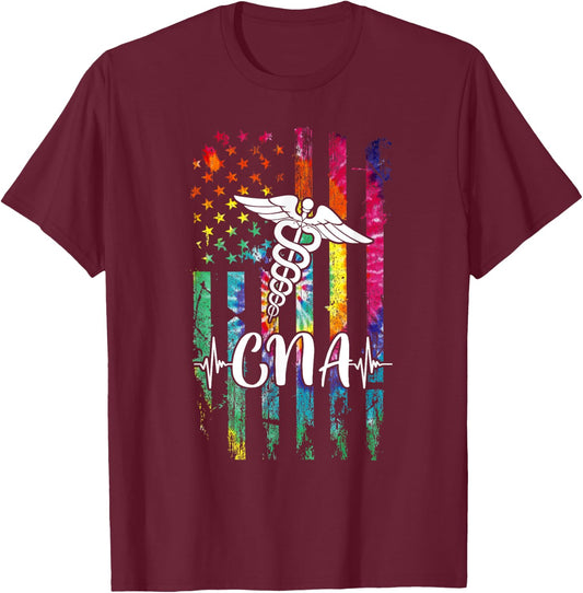 American Flag Tie Dye CNA Costume Nurse Day Nursing Women Men T-Shirt - T-Shirt | Maroon