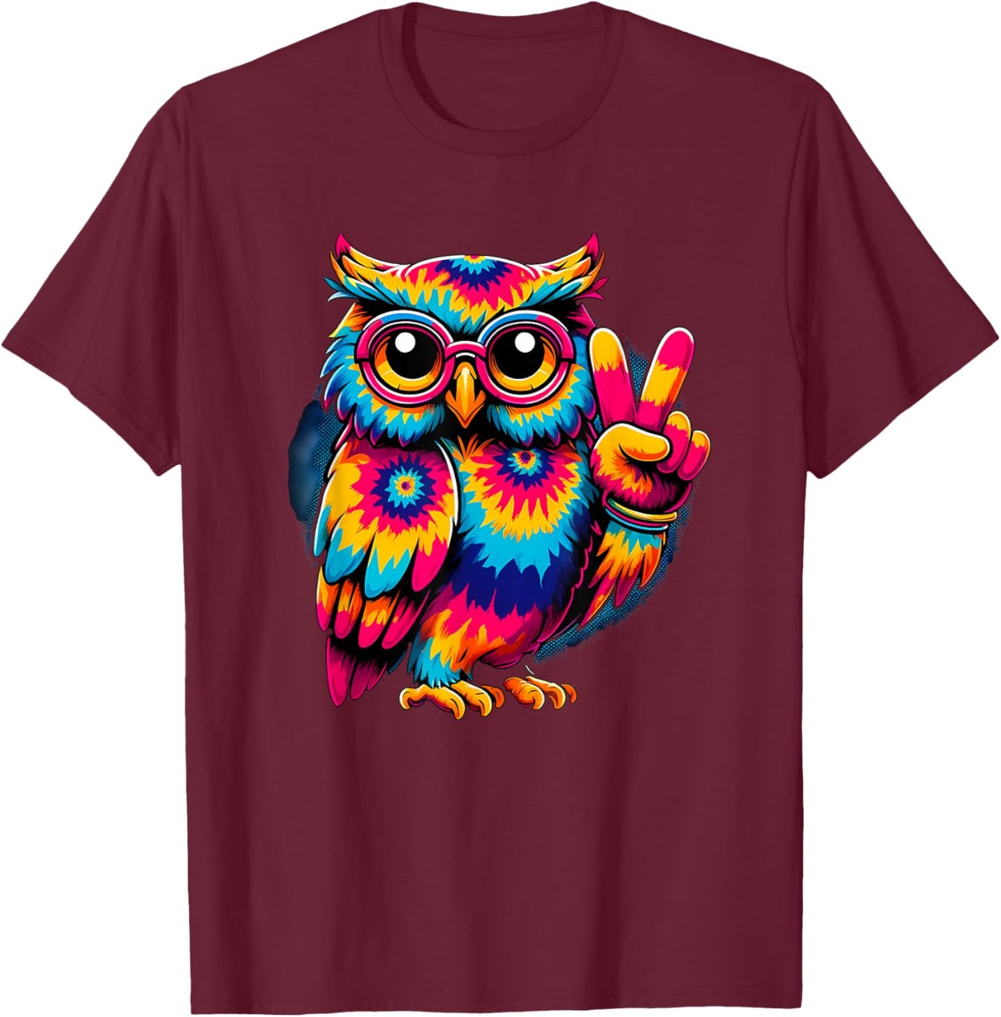Peace Sign Tie Dye Owl T-Shirt - T-Shirt | Maroon