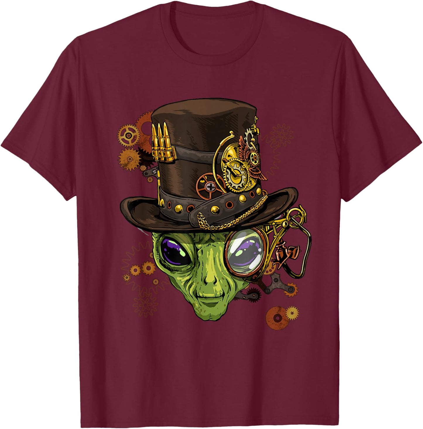 Alien Shirt Victorian Steampunk Gears UFO Ancient Alien Head T-Shirt - T-Shirt | Maroon
