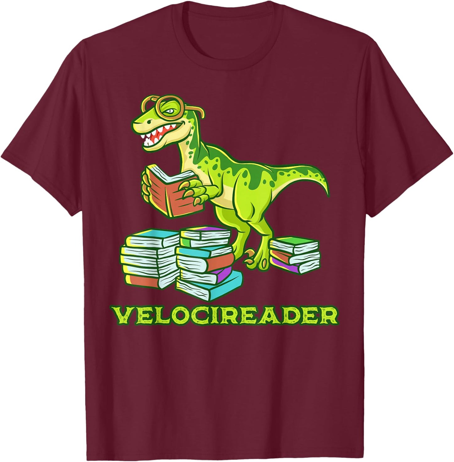 Velocireader Dinosaur Book Reading Velociraptor Dino T-Shirt - T-Shirt | Maroon