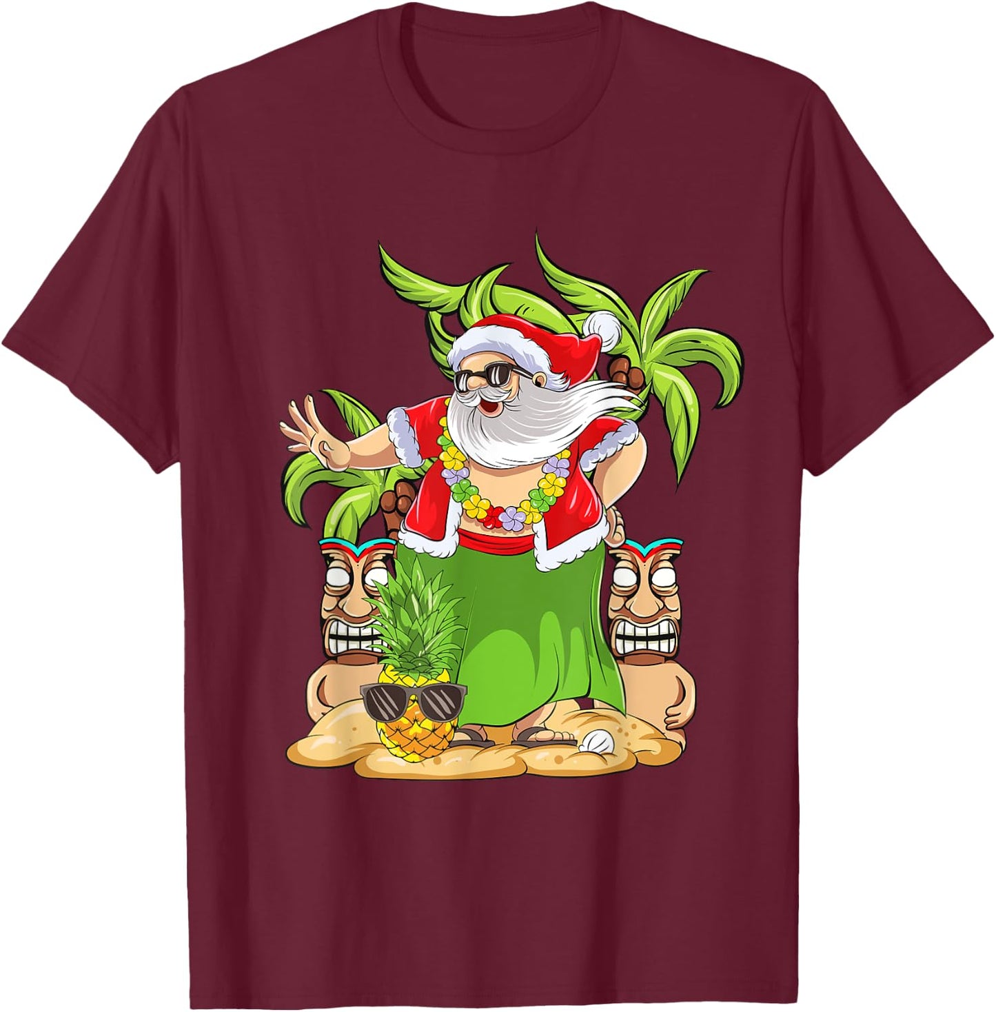 Hawaiian Christmas Mele Kalikimaka Hula Dance Santa Claus T-Shirt - T-Shirt | Maroon