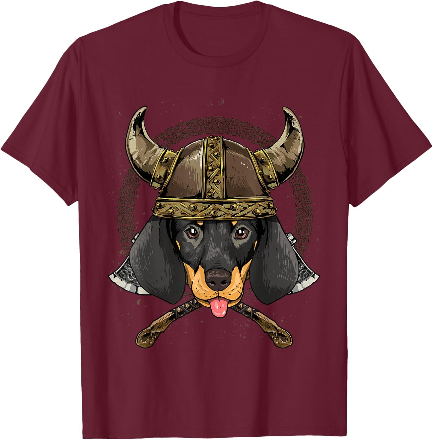 Viking Dachshund Dog with Viking Helmet Mjolnir Axes T-Shirt - T-Shirt | Maroon