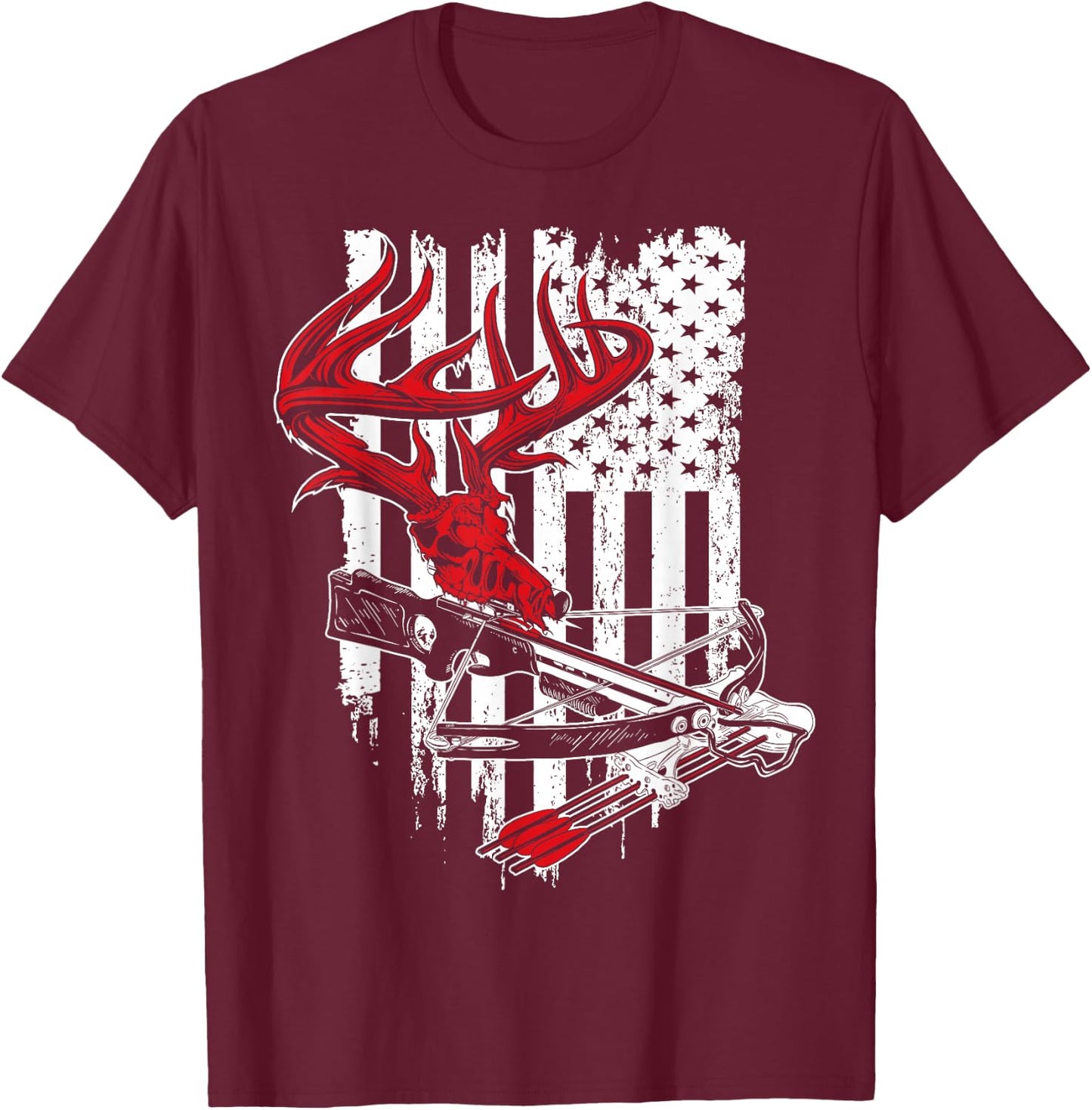 American Flag Archery Bow Hunting - Deer Skull Crossbow T-Shirt - T-Shirt | Maroon
