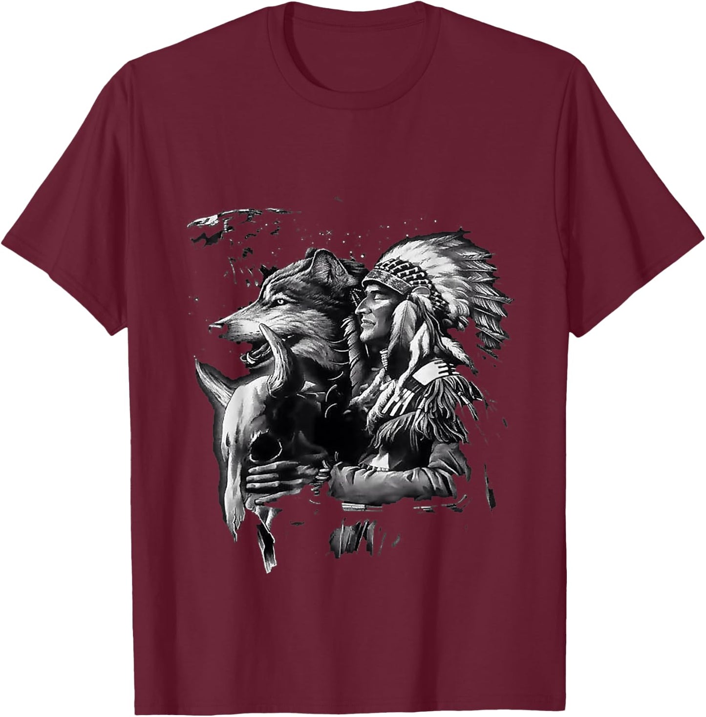 Wolf with native American Indians T-Shirt - T-Shirt | Maroon
