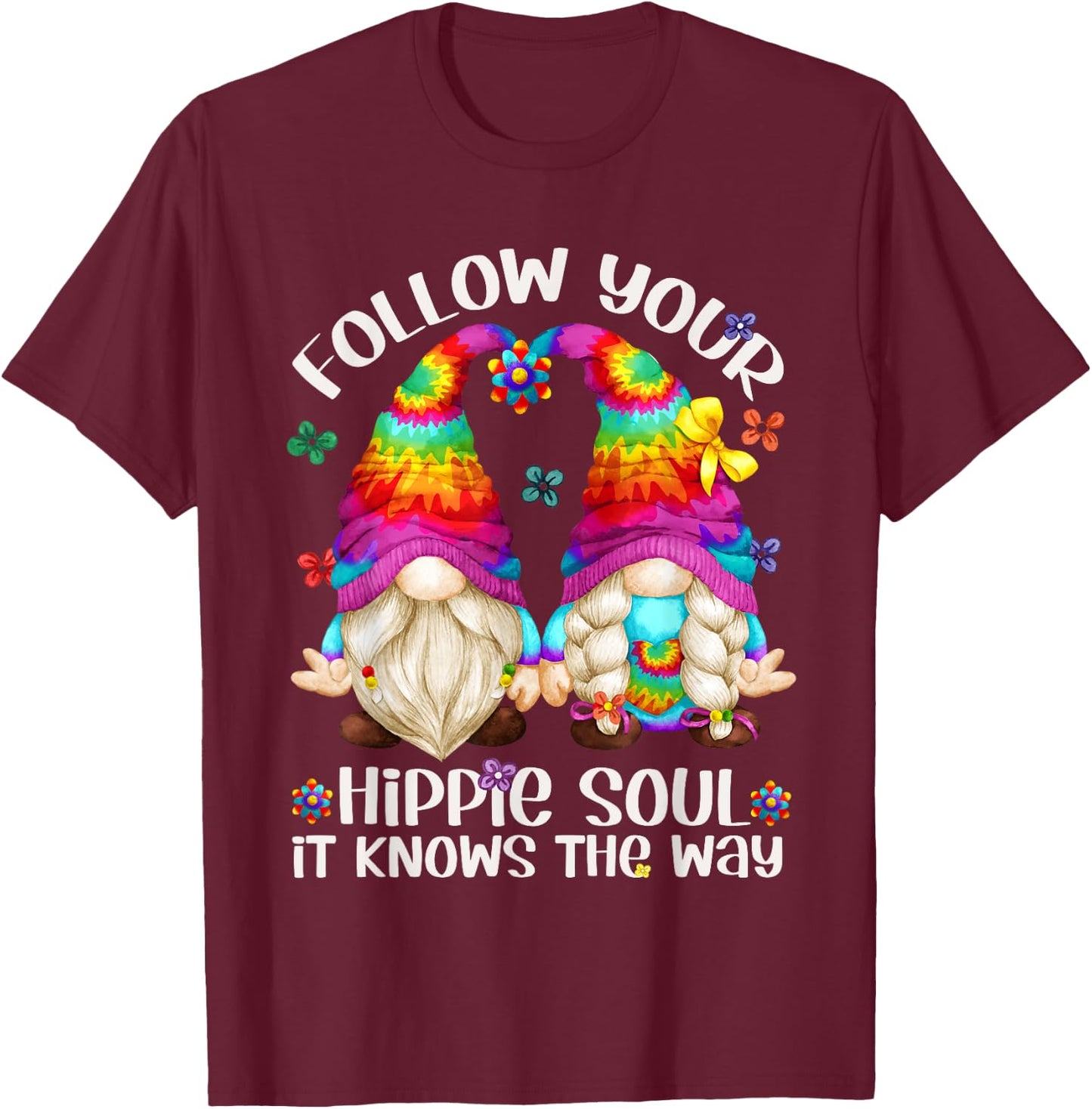 Hippie Soul Gnomies Makes Peace Sign - Cute Hippie Gnome T-Shirt - T-Shirt | Maroon
