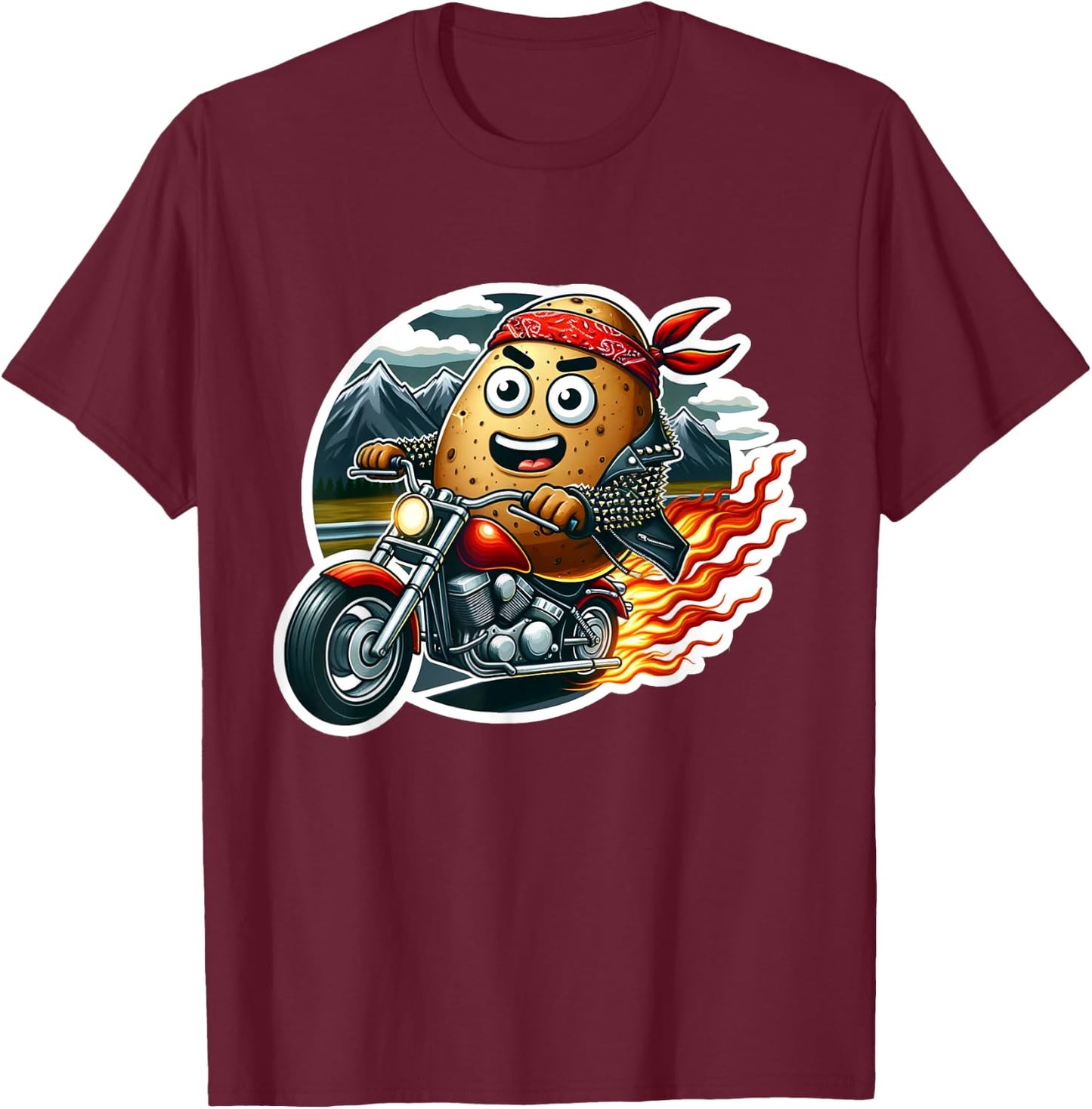 Funny Potato Tater Tot Riding Motorcycle Bike Biker Taters T-Shirt - T-Shirt | Maroon