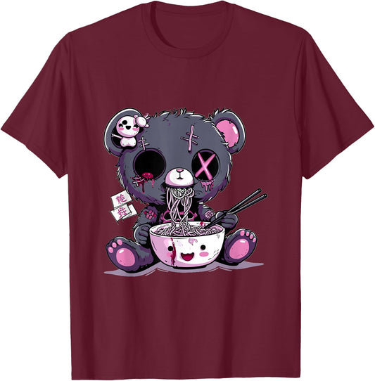 Goth Pastel Cute Creepy Kawaii Teddy Bear Voodoo Doll Ramen T-Shirt - T-Shirt | Maroon
