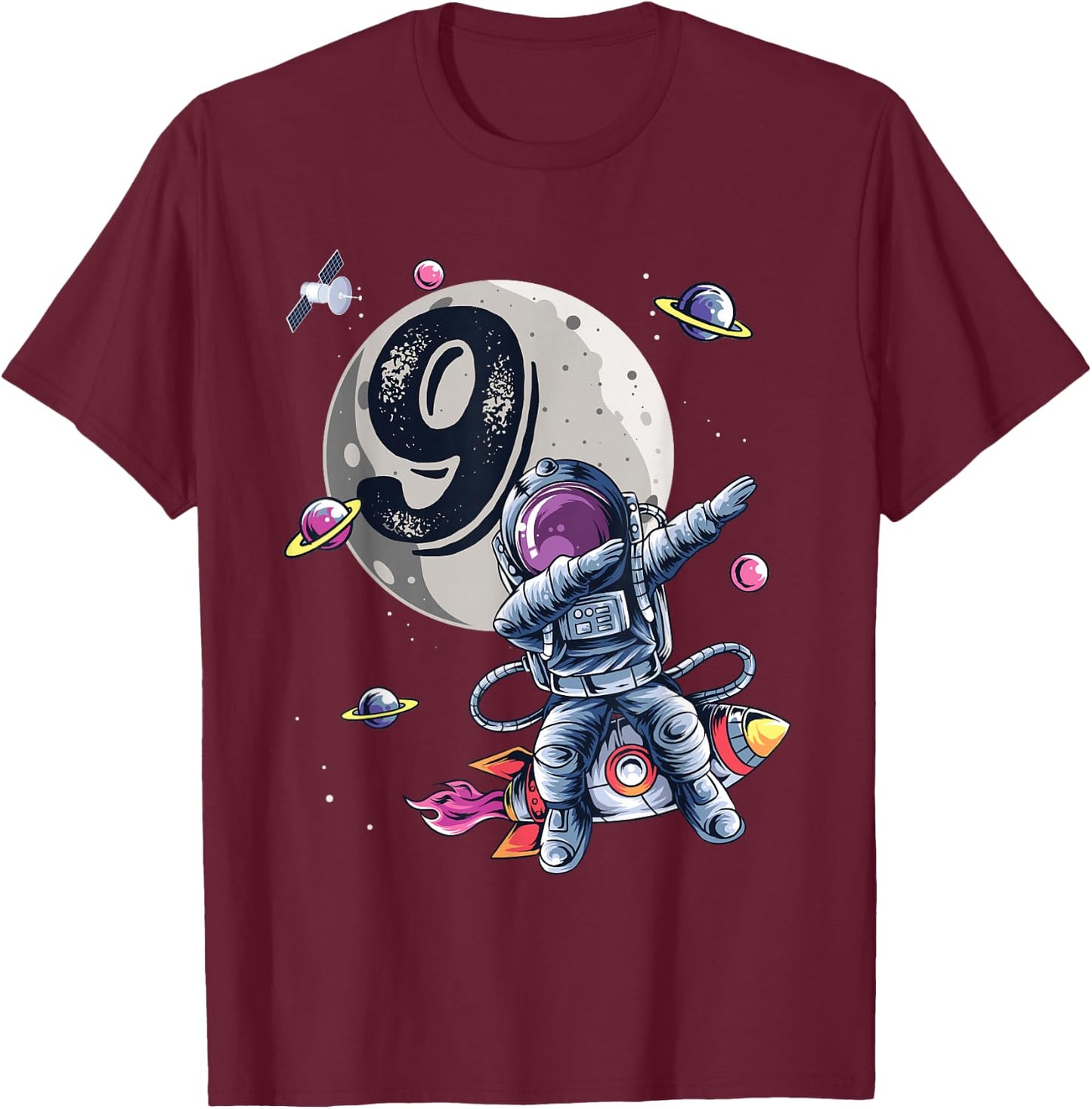9 Years Old Birthday Boy Astronaut Gifts Space 9th B-Day T-Shirt - T-Shirt | Maroon