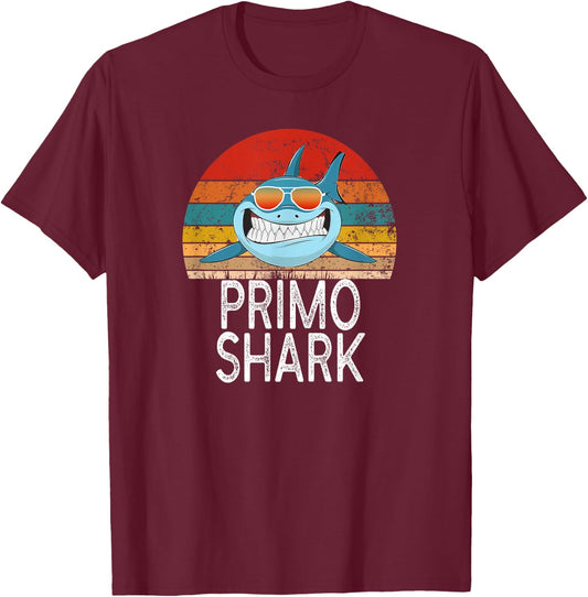 Primo Shark Funny Spanish Cousin Vintage T-Shirt - T-Shirt | Maroon