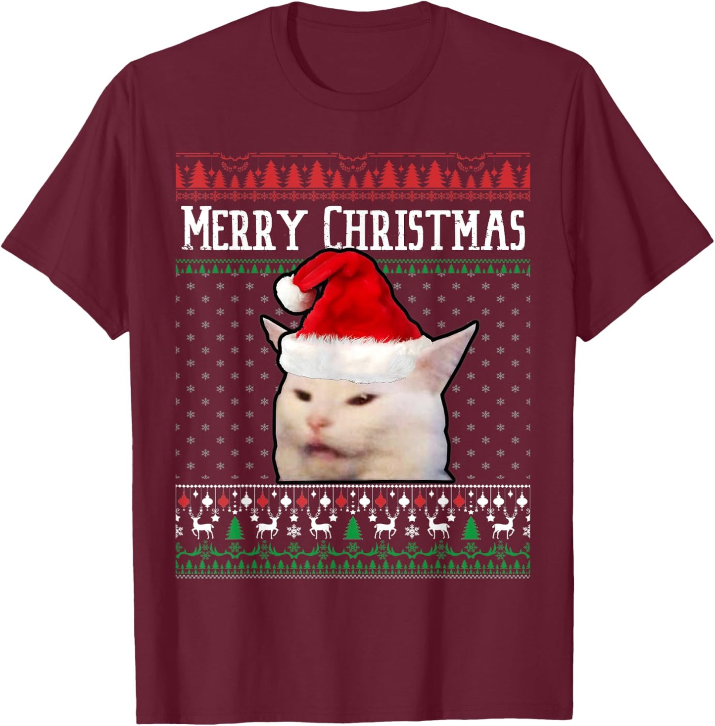 Woman Yelling at a Smudge Cat Ugly Christmas Sweater Meme T-Shirt - T-Shirt | Maroon