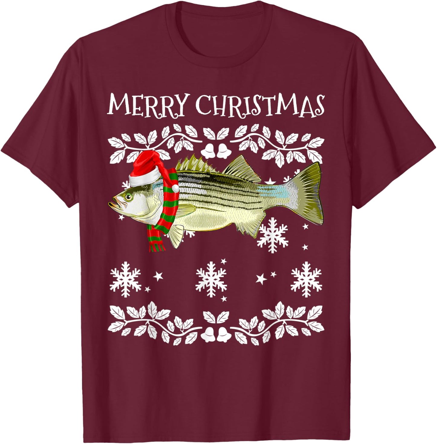 Fish Merry Christmas Ornament Striped Bass Ugly Xmas T-Shirt - T-Shirt | Maroon