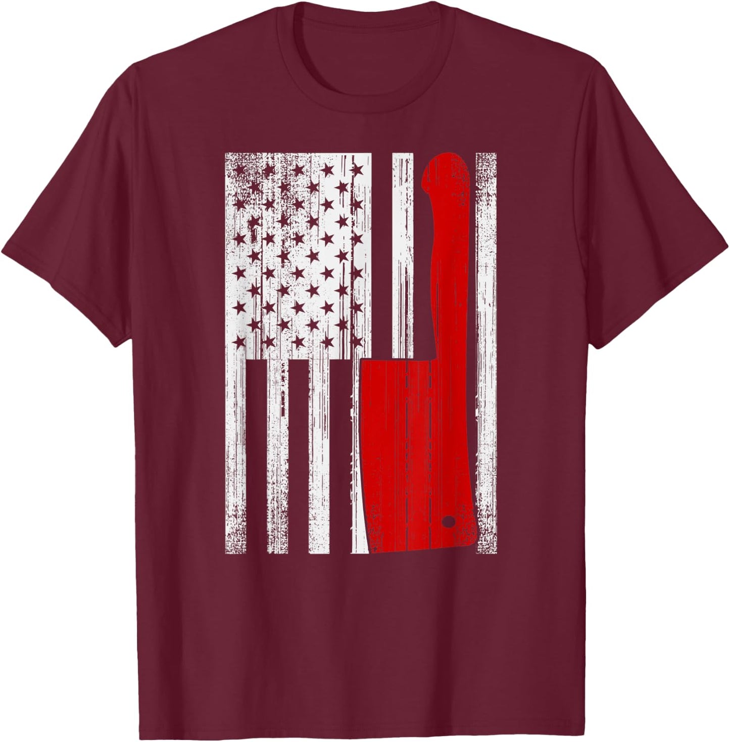 Retro American Butcher Gift USA Flag Vintage Meat Cleaver T-Shirt - T-Shirt | Maroon