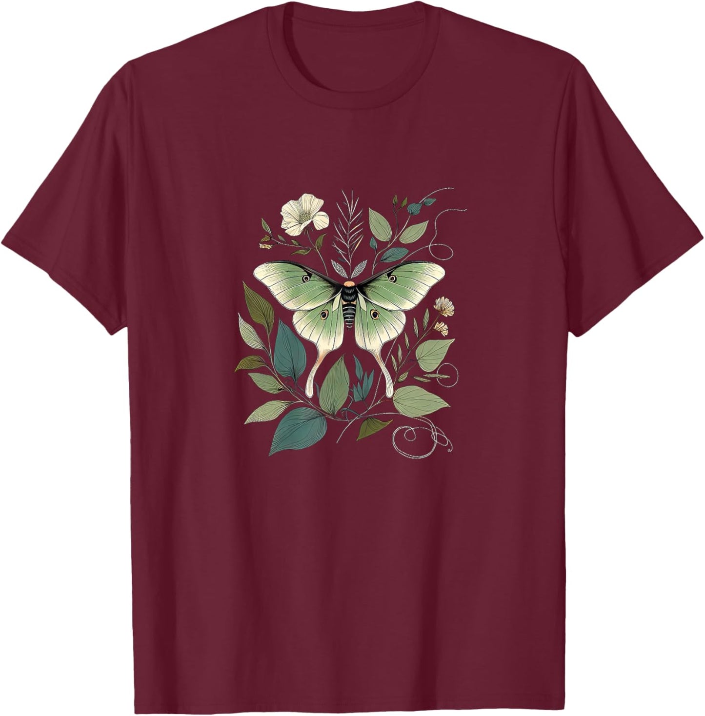 Women's Luna Moth With Moonflower Vine Artisan Boho Fashion T-Shirt - T-Shirt | Maroon