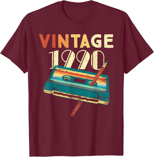 Vintage 1990 Music Cassette 35 Years Old Gifts 35th Birthday T-Shirt - T-Shirt | Maroon