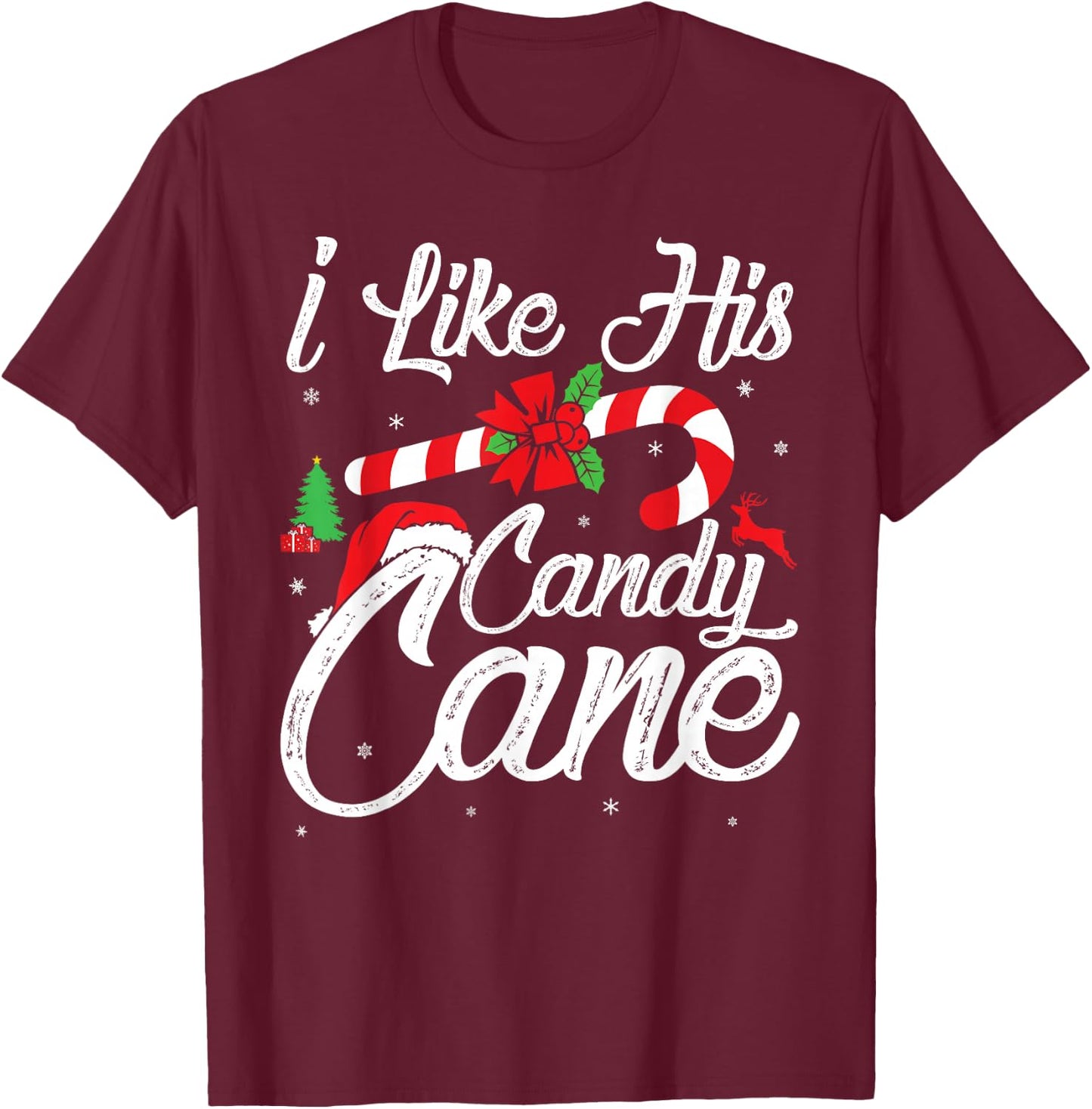 I Like His Candy Cane Couples Matching Christmas Funny T-Shirt - T-Shirt | Maroon