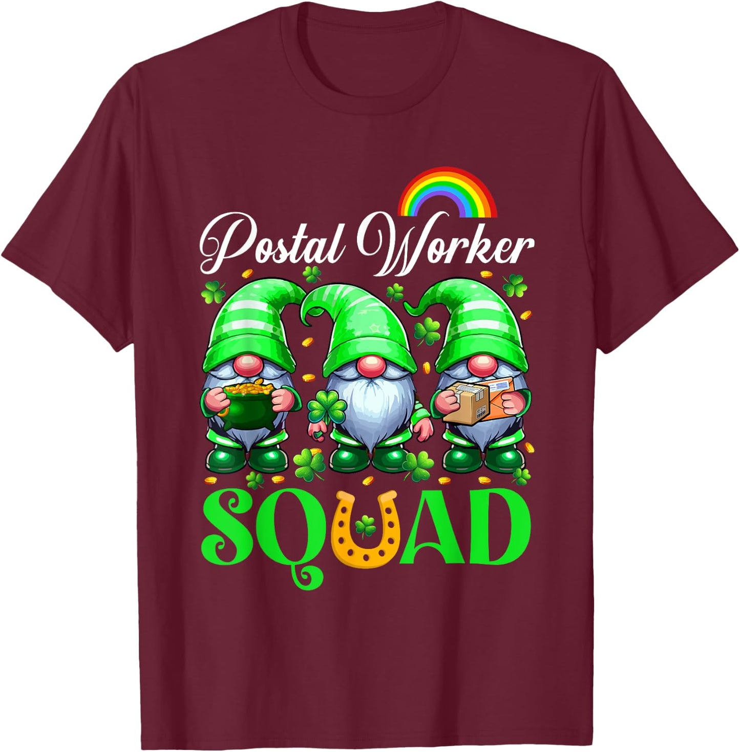 Postal Worker Squad St. Patrick's Day Three Cute Gnomes T-Shirt - T-Shirt | Maroon