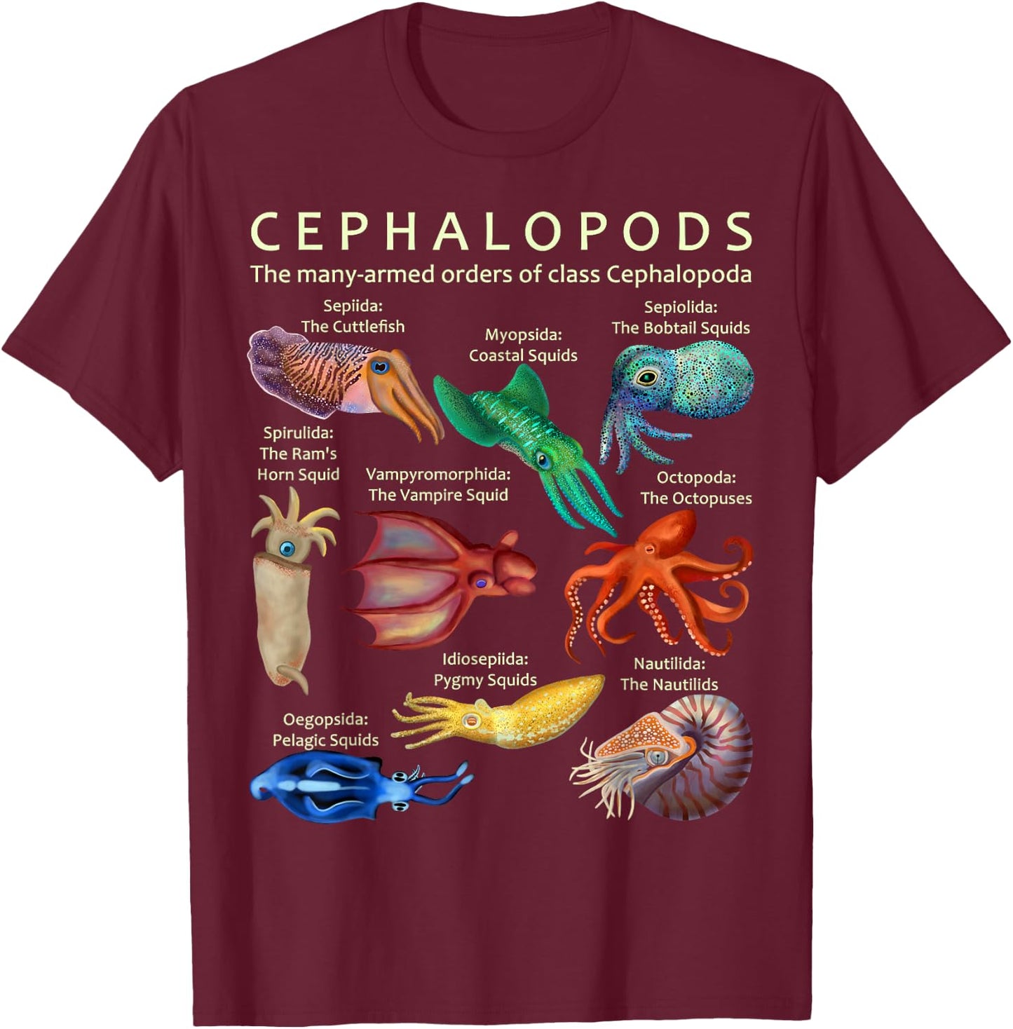 The Cephalopod Octopus Squid Cuttlefish and Nautilus T-Shirt - T-Shirt | Maroon