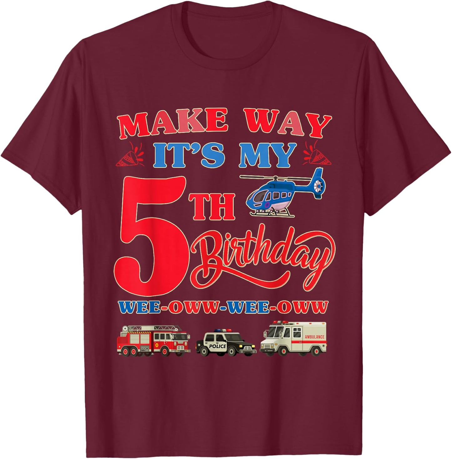5th birthday Rescue Vehicles Birthday theme 5 year old kids T-Shirt - T-Shirt | Maroon