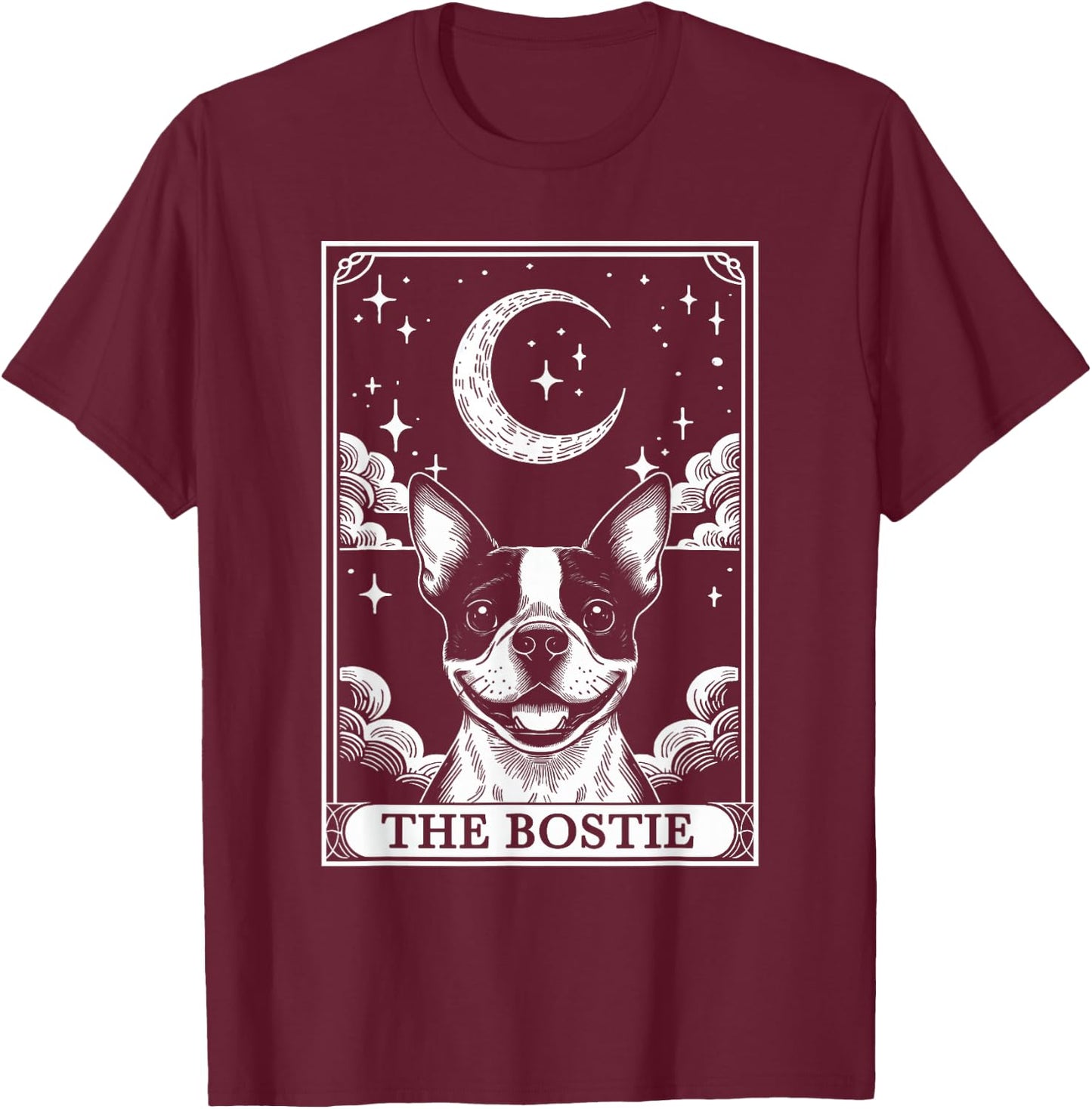Tarot Card Vintage Crescent Moon Boston Terrier Dog Mom T-Shirt - T-Shirt | Maroon