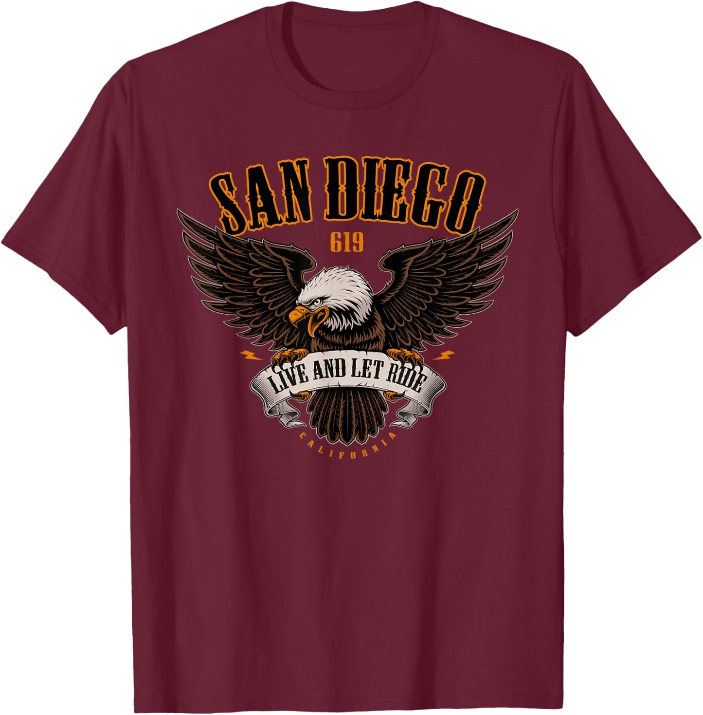 San Diego 619 Area Code and Eagle For Motorcycle Enthusiast T-Shirt - T-Shirt | Maroon