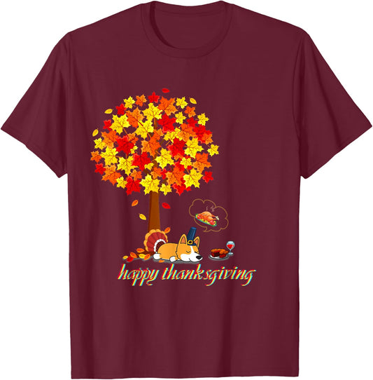Funny Thanksgiving Corgi Lover Black Thanksgiving-themed Corgi -Adults Small Short Sleeve Cotton 100% T-Shirt - T-Shirt | Maroon