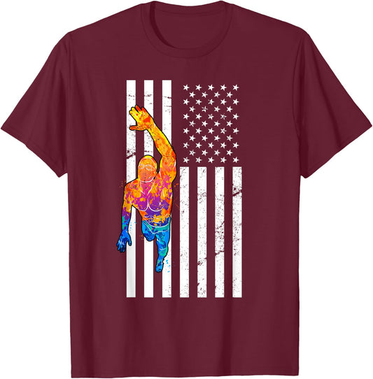 USA Flag Swim Sport Patriotic Swimmer Athlete Swimming T-Shirt - T-Shirt | Maroon