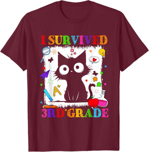 I Survived Third 3rd Grade Funny Graduation Cat Kids T-Shirt - T-Shirt | Maroon
