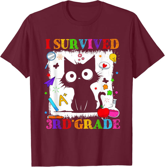 I Survived Third 3rd Grade Funny Graduation Cat Kids T-Shirt - T-Shirt | Maroon
