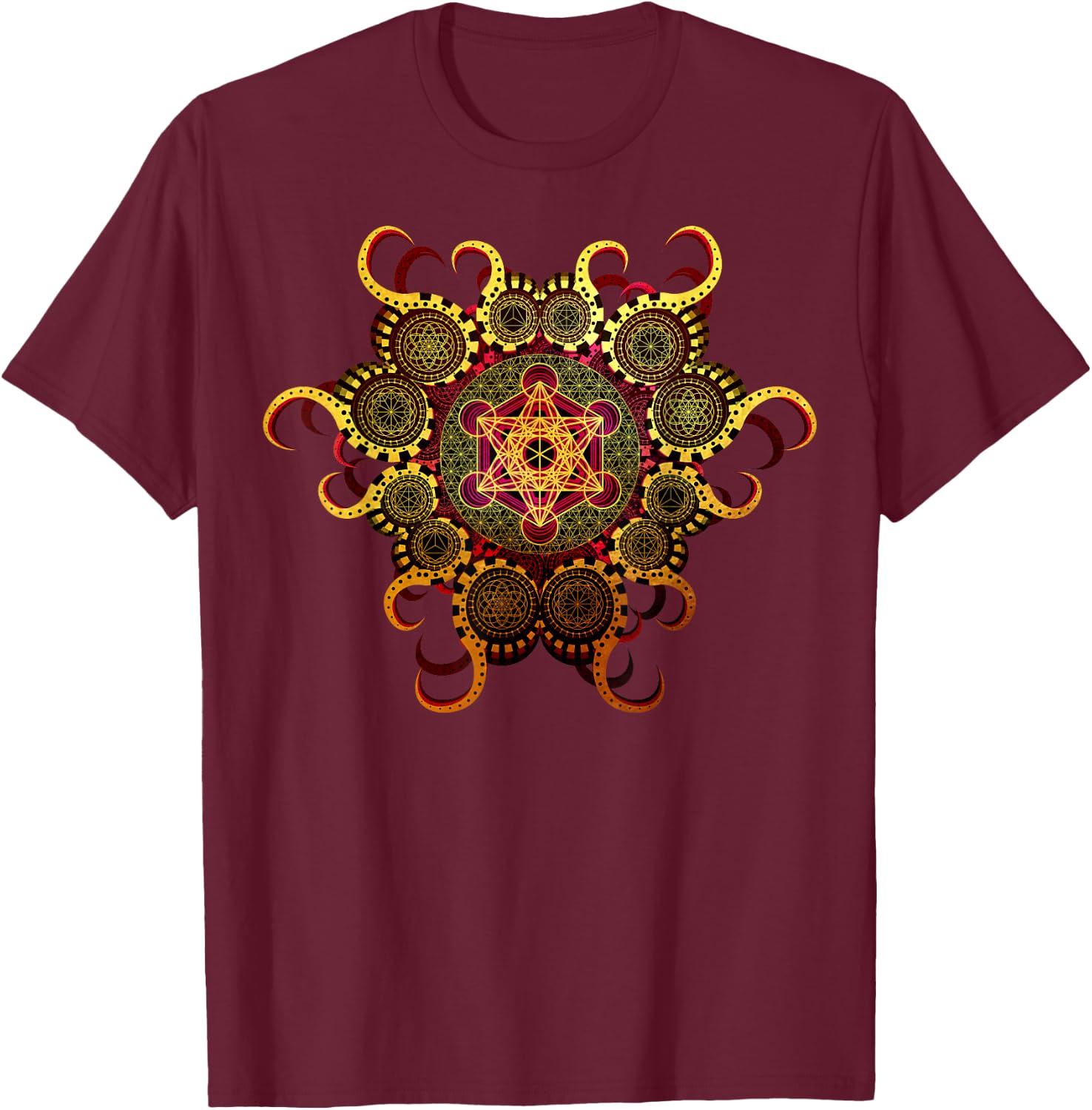 Gold Organic Merkaba Sacred Geometry Psychedelic Symmetry T-Shirt - T-Shirt | Maroon