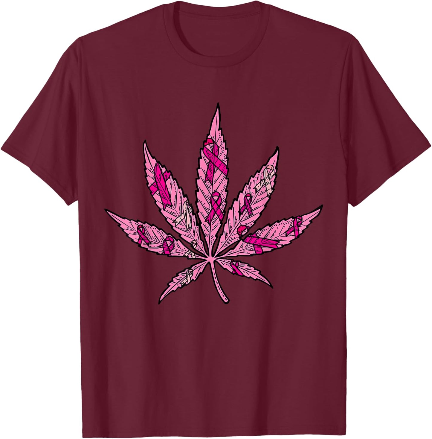 Pink Ribbon Weed Marijuana Cool Breast Cancer Awareness Gift T-Shirt - T-Shirt | Maroon